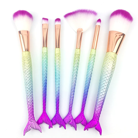 6PCS Mermaid Makeup Brushes Set Eyeshadow Eyeliner Blush Blending Contour Foundation Cosmetic Beauty Make Up Brush Tools Kit