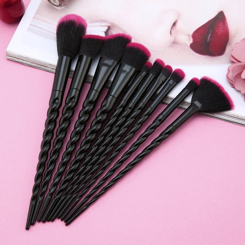 NEW BLACK+RED 10PCS/SET Spiral Design Plastic Handle Beauty Makeup Brushes Cosmetic Foundation Powder Blush Make Up Brush Tool