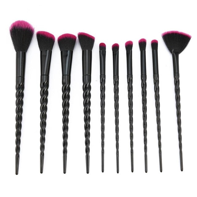 NEW BLACK+RED 10PCS/SET Spiral Design Plastic Handle Beauty Makeup Brushes Cosmetic Foundation Powder Blush Make Up Brush Tool