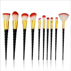 NEW BLACK+RED 10PCS/SET Spiral Design Plastic Handle Beauty Makeup Brushes Cosmetic Foundation Powder Blush Make Up Brush Tool